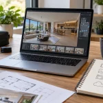 Bàn làm việc với camera 360, laptop mở tour có sơ đồ mặt bằng và sổ ghi các hạng mục chi phí làm VR tour 360