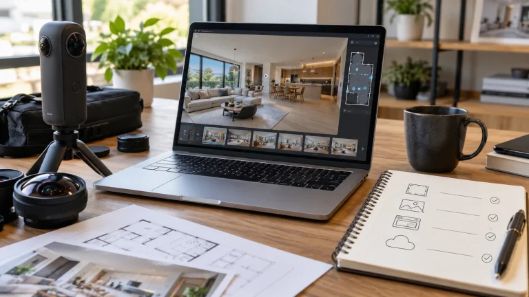 Bàn làm việc với camera 360, laptop mở tour có sơ đồ mặt bằng và sổ ghi các hạng mục chi phí làm VR tour 360