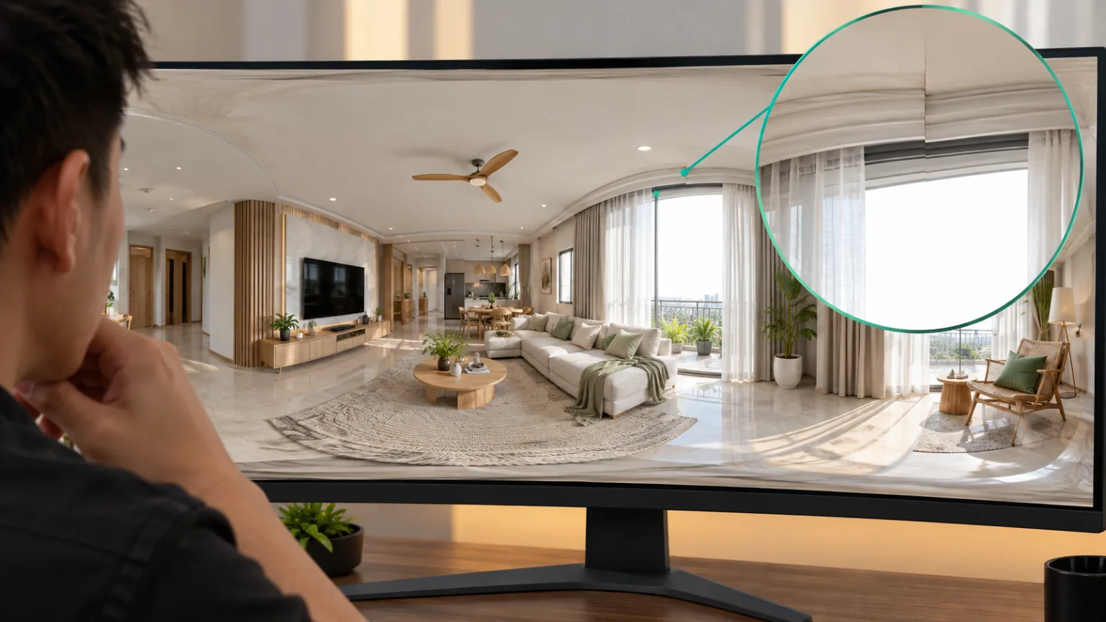 Soi panorama nội thất trên màn hình lớn, vòng phóng to vùng cửa sổ và mép trần để kiểm tra đường ghép