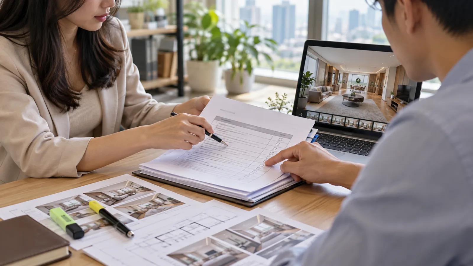 Hai bên rà soát phụ lục hợp đồng làm virtual tour, trên bàn có danh mục bàn giao và laptop mở tour 360
