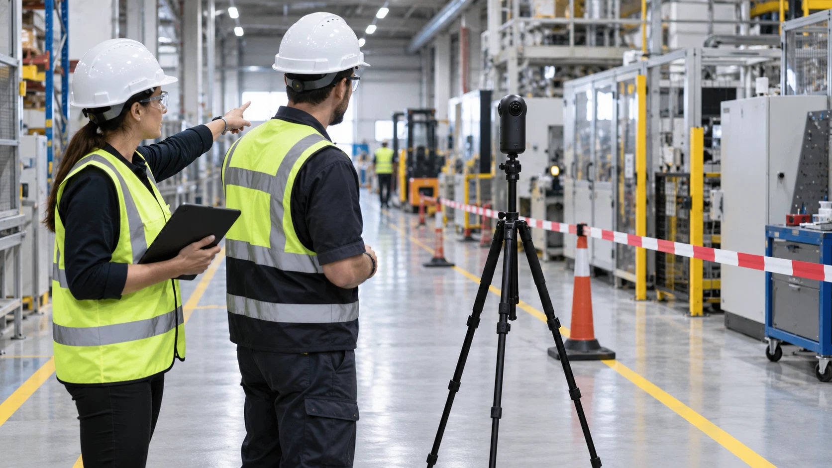 Quy chuẩn an toàn lao động trang bị PPE và điều phối xe nâng trước khi chụp thực tế ảo nhà xưởng
