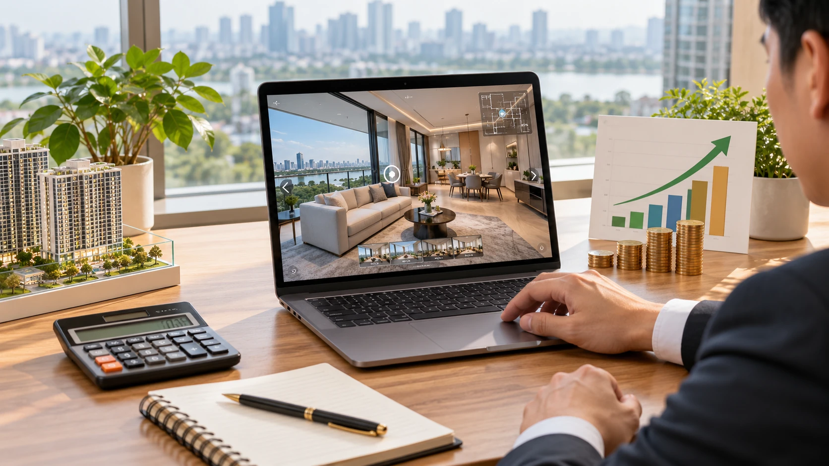 Chủ đầu tư xem tour căn hộ trên laptop cạnh máy tính, sổ ghi chép và mô hình dự án để tính ROI virtual tour