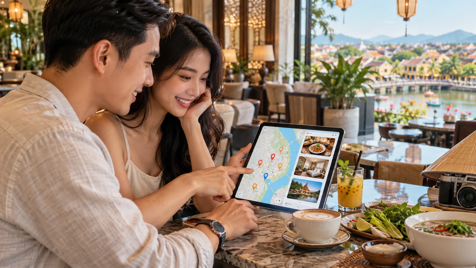 Cặp đôi ngồi quán ven sông xem máy tính bảng hiển thị bản đồ với thẻ nhà hàng, phòng khách sạn và điểm tham quan