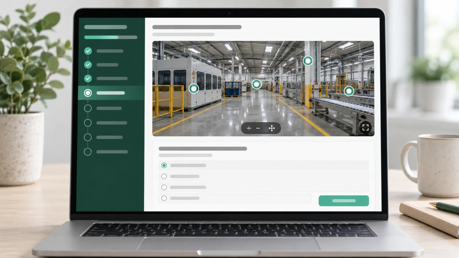 Laptop hiển thị trang bài học trực tuyến với khung tour 360 nhà xưởng có điểm nóng và câu hỏi trắc nghiệm bên dưới