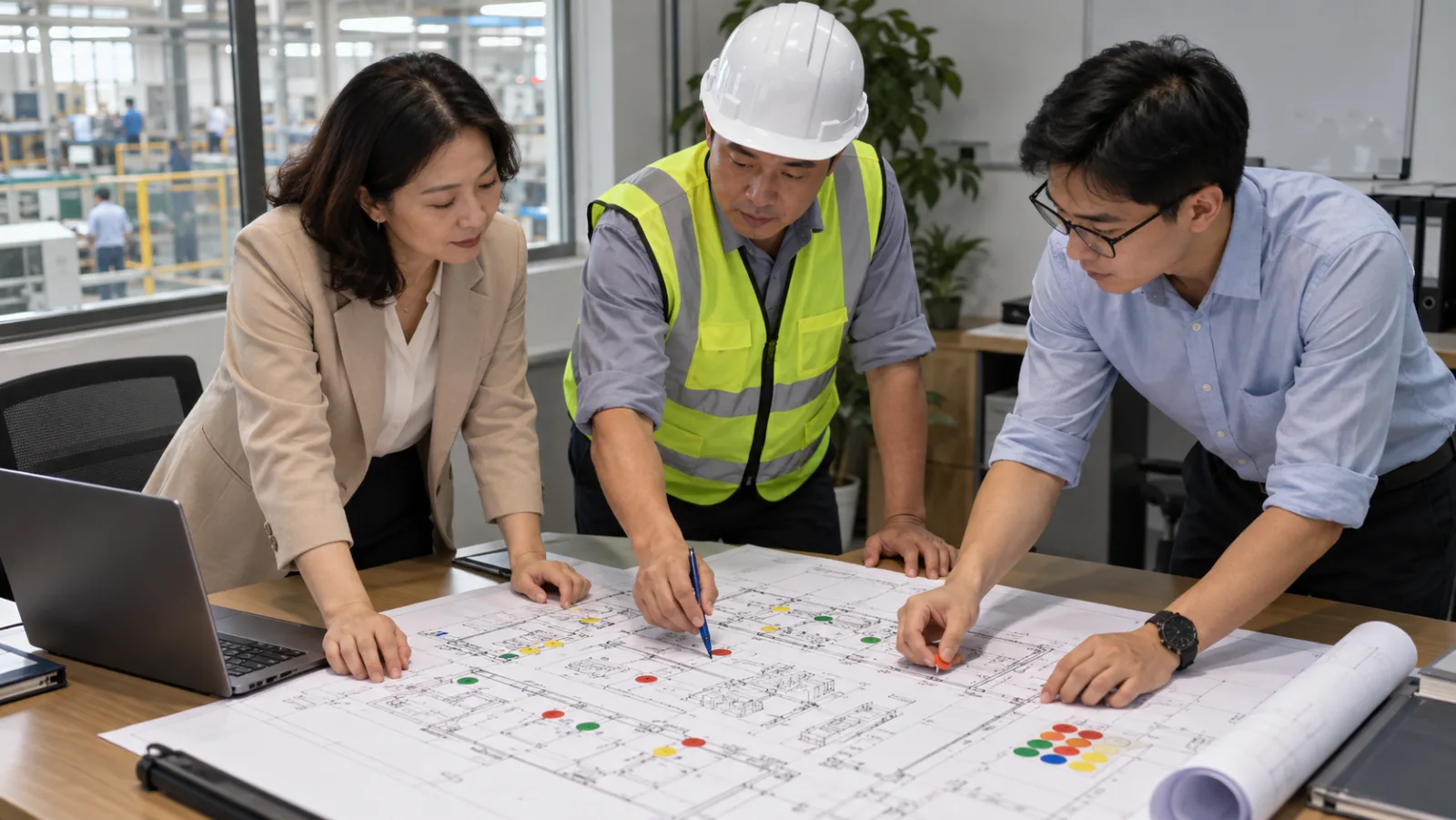 Ba người, một người đội mũ bảo hộ mặc áo phản quang, cùng xem bản vẽ mặt bằng nhà xưởng và dán chấm màu đánh dấu
