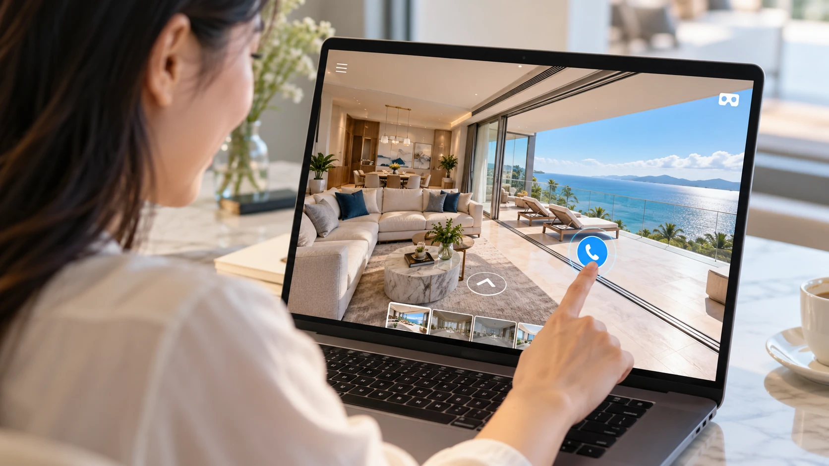 Khách chạm vào nút gọi đặt ngay cảnh phòng khách nhìn ra biển trong virtual tour trên laptop