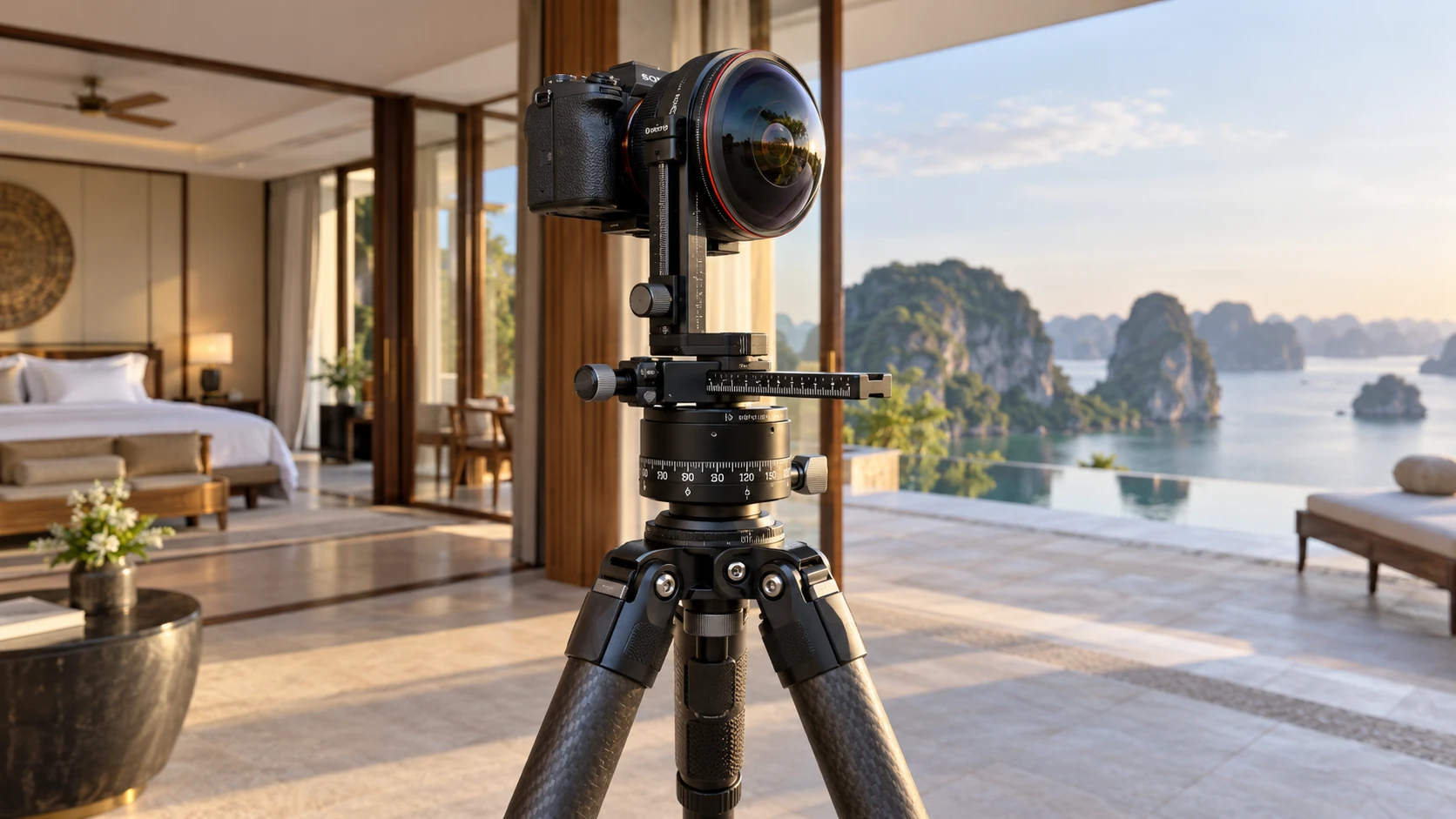 Đầu panorama có thanh trượt hai trục và vòng chia độ click-stop gắn máy ảnh fisheye trên chân máy