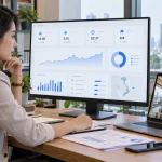 Nhân viên marketing xem báo cáo GA4 trên màn hình lớn, bên cạnh laptop mở virtual tour căn hộ