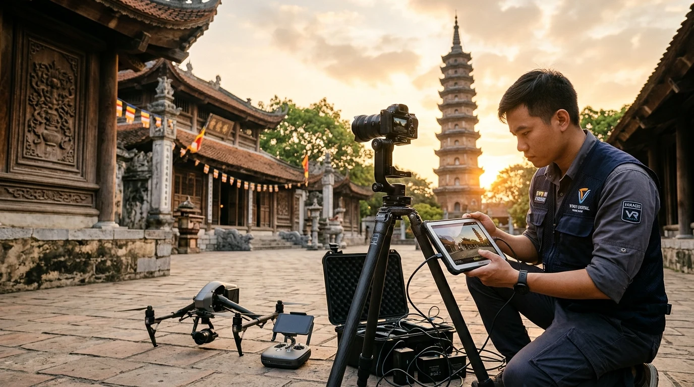 Đội ngũ kỹ sư 360vr tác nghiệp thực địa với thiết bị máy ảnh fullframe và drone