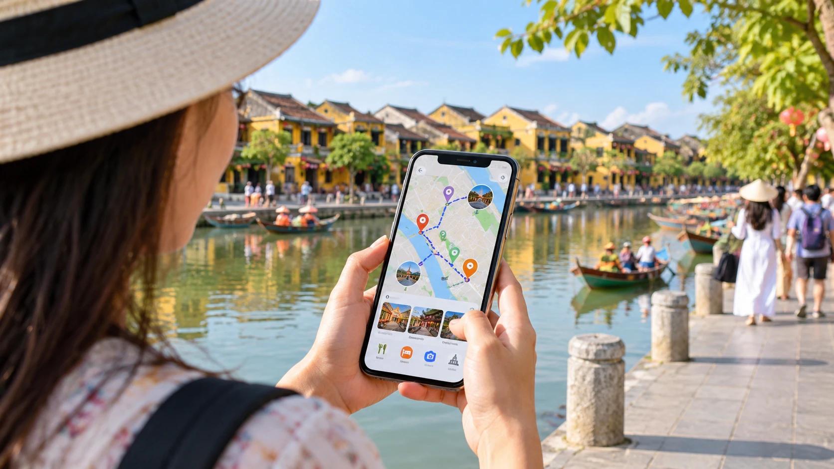 Du khách cầm điện thoại xem bản đồ du lịch với điểm ghim nhiều màu và thanh biểu tượng ăn uống, lưu trú, tham quan