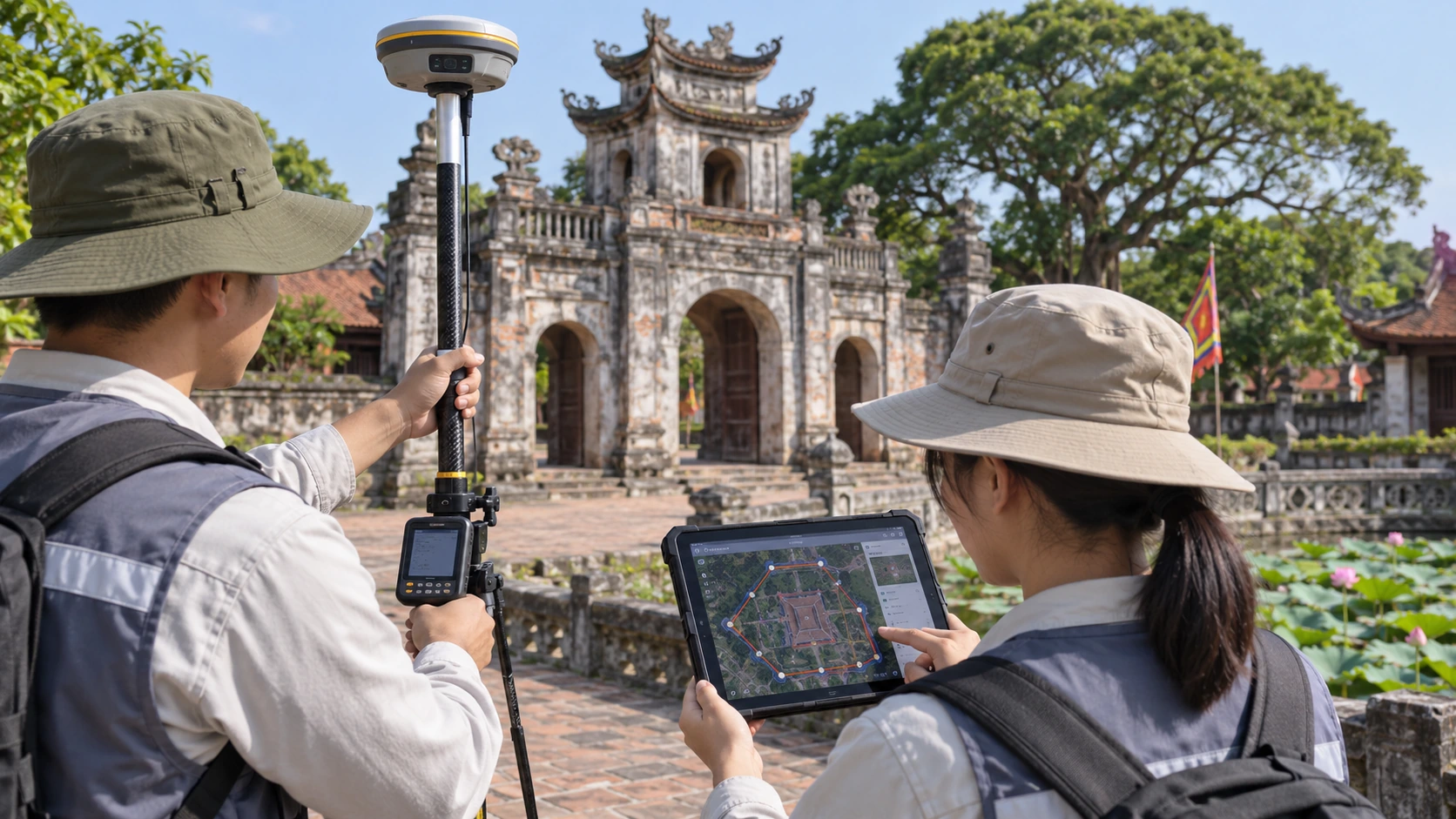 Hai cán bộ đo mốc bằng máy thu GNSS RTK trước cổng di tích, máy tính bảng hiển thị ranh giới khu vực bảo vệ