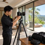 Máy ảnh fisheye trên đầu panorama và chân máy trong phòng ngủ resort có cửa kính lớn nhìn ra biển