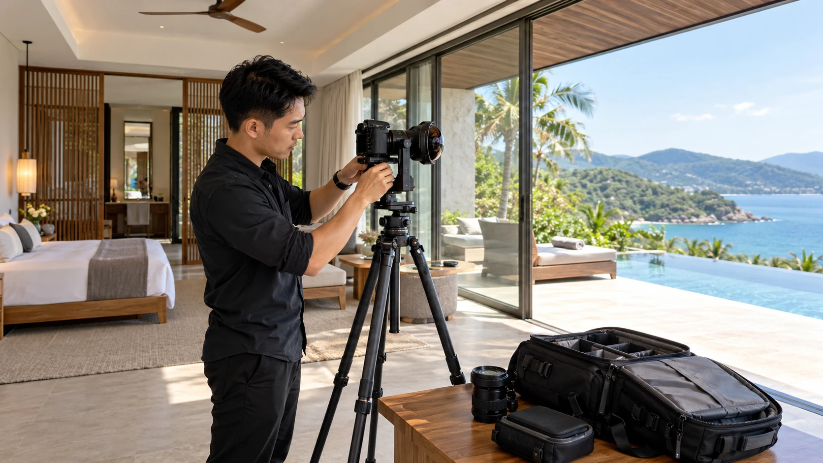 Máy ảnh fisheye trên đầu panorama và chân máy trong phòng ngủ resort có cửa kính lớn nhìn ra biển