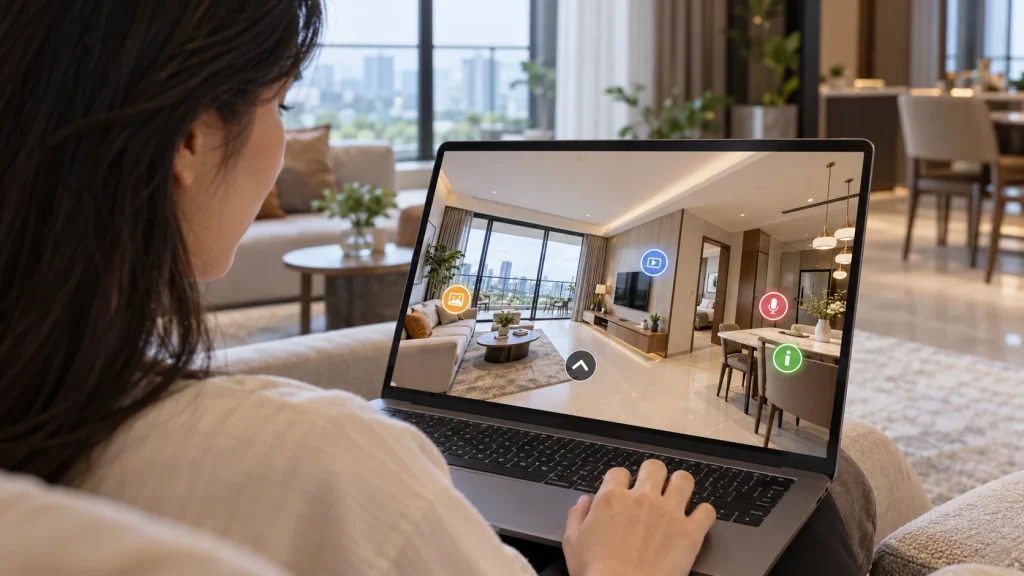 Hotspot trong virtual tour: cảnh 360 căn hộ trên laptop với mũi tên điều hướng và icon thông tin, video, âm thanh