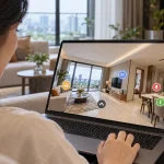 Hotspot trong virtual tour: cảnh 360 căn hộ trên laptop với mũi tên điều hướng và icon thông tin, video, âm thanh