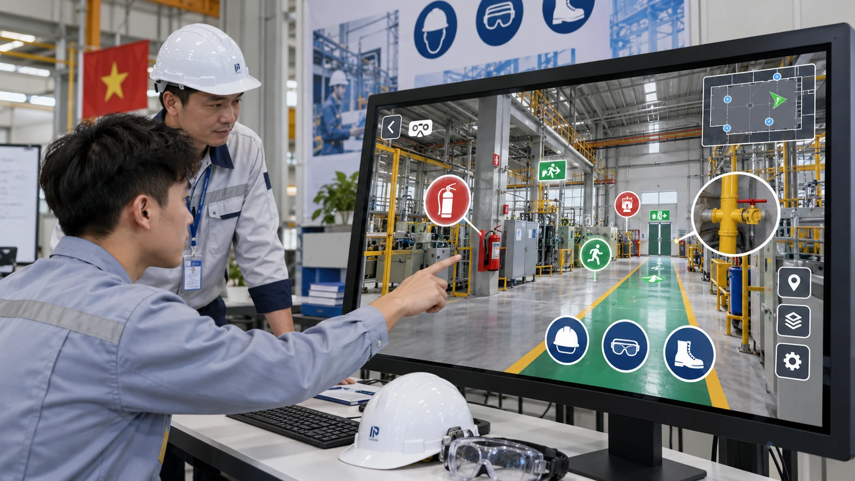 Công nhân và cán bộ an toàn xem tour 360 nhà xưởng đánh dấu bình chữa cháy, lối thoát hiểm, đồ bảo hộ, ảnh minh hoạ