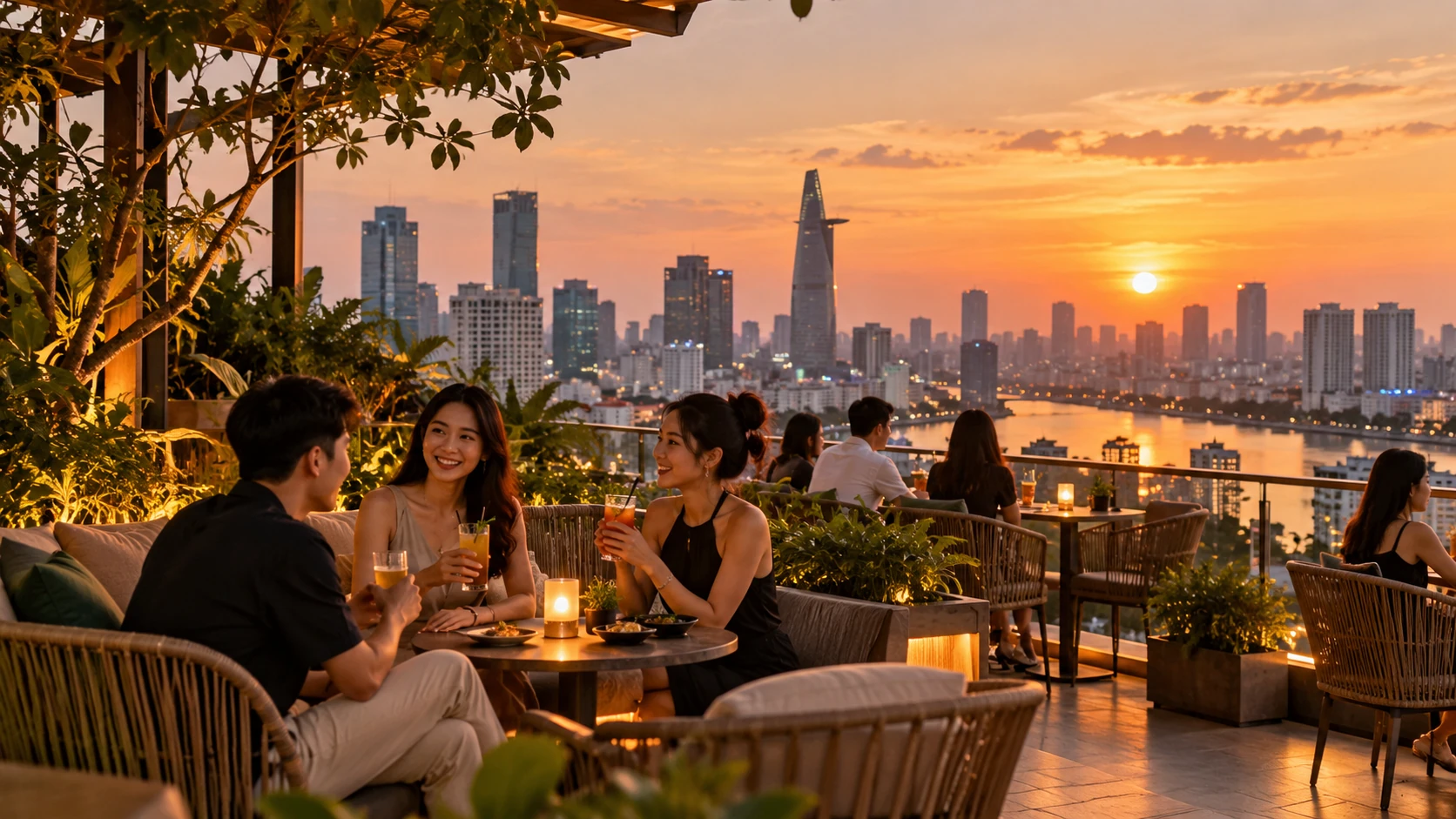 Rooftop cafe lúc hoàng hôn với bàn ghế mây, nến và toàn cảnh thành phố bên sông
