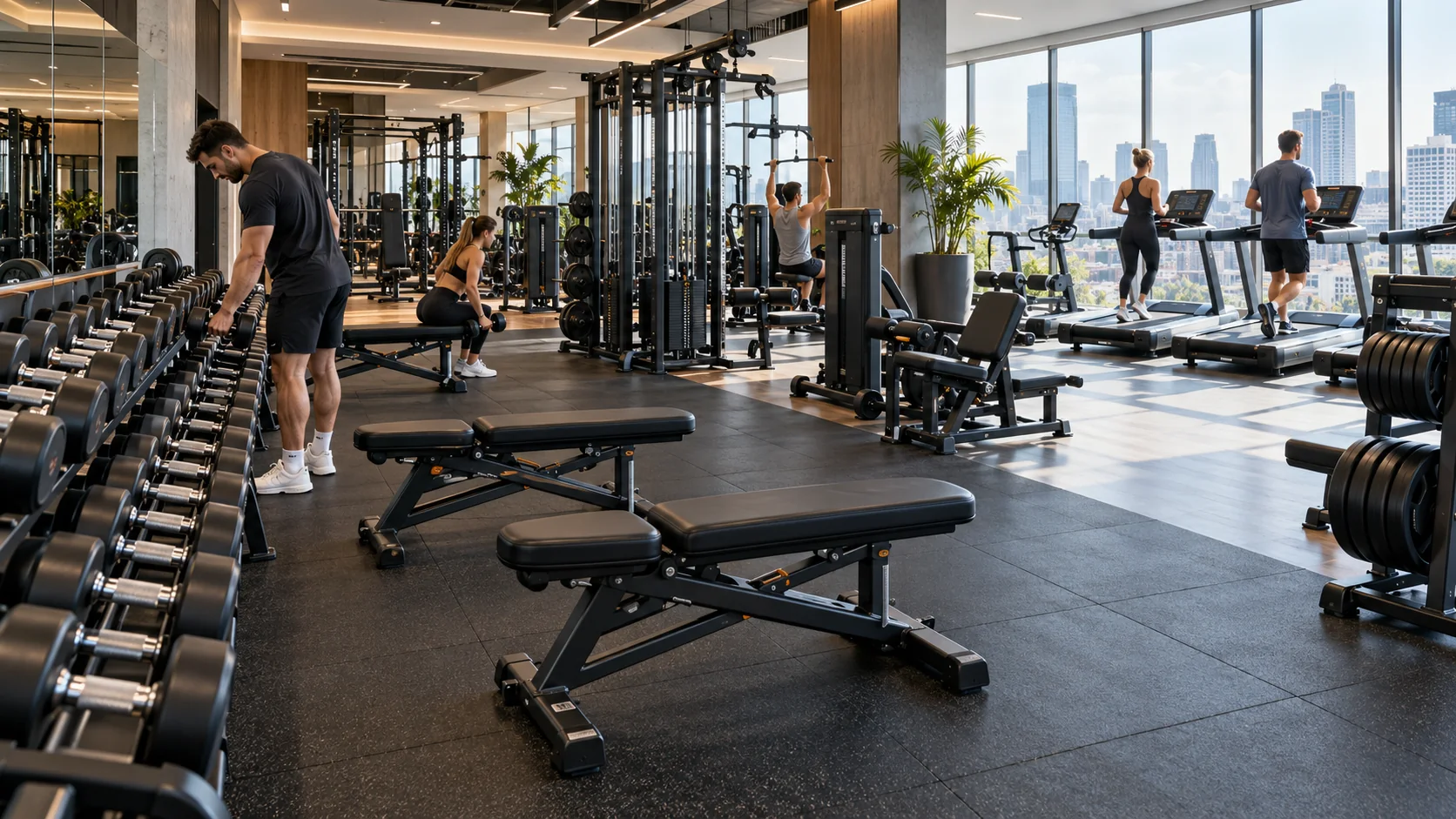 Khu máy tạ phòng gym với giá dumbbell, ghế tập và sàn cao su, cửa kính nhìn ra thành phố