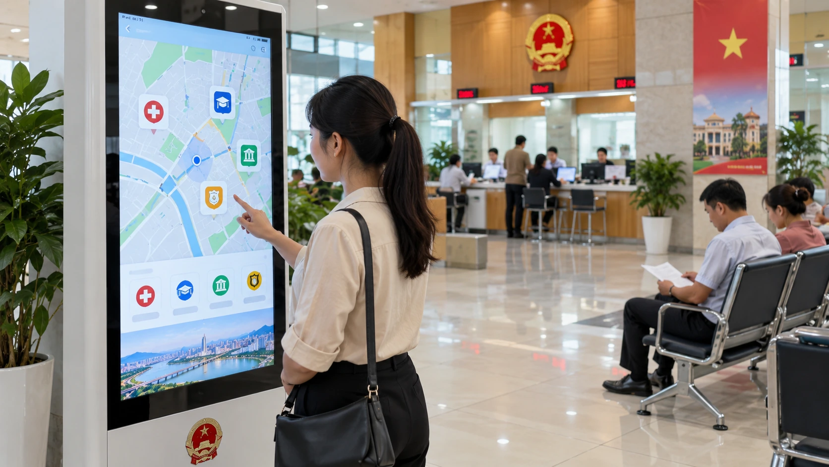 Người dân tra cứu trên kiosk màn hình cảm ứng đặt tại sảnh UBND, hiển thị bản đồ tiện ích công