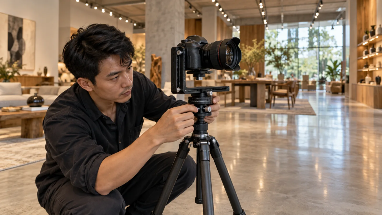 Thợ chụp ngồi xổm chỉnh núm xoay đầu panorama gắn máy ảnh trên chân máy giữa showroom nội thất sàn bê tông