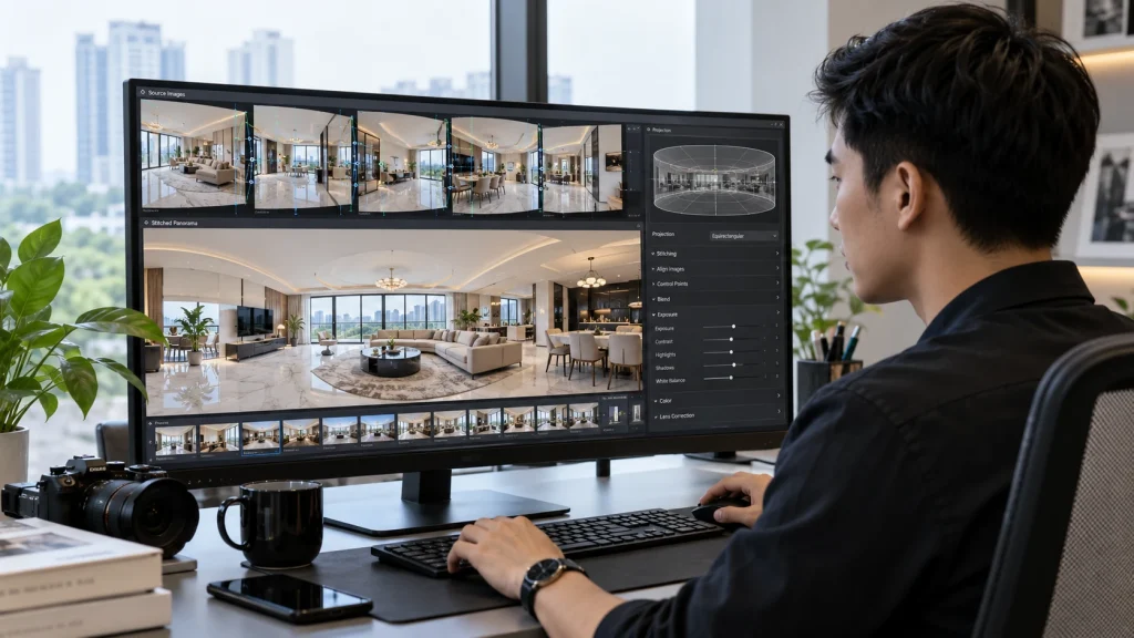 Ghép ảnh 360 bằng PTGui: màn hình hiện các tấm ảnh nguồn phía trên và panorama phòng khách đã ghép bên dưới