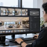 Ghép ảnh 360 bằng PTGui: màn hình hiện các tấm ảnh nguồn phía trên và panorama phòng khách đã ghép bên dưới