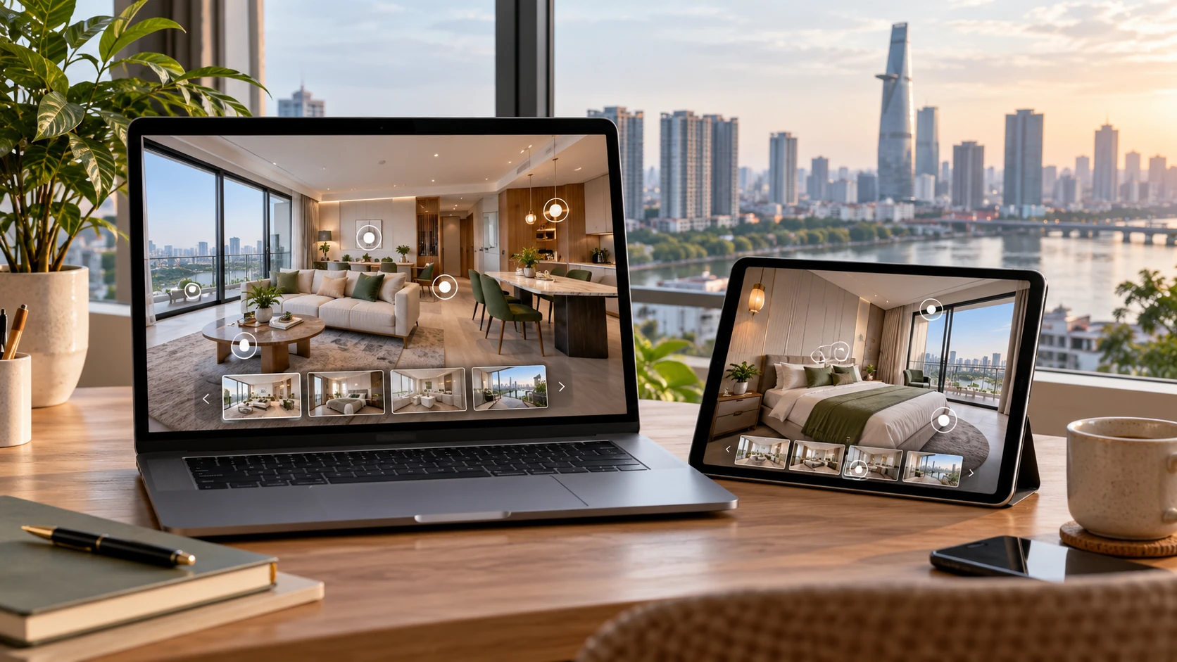 Laptop và máy tính bảng cùng mở tour 360 phòng khách và phòng ngủ căn hộ, phía sau là toàn cảnh thành phố