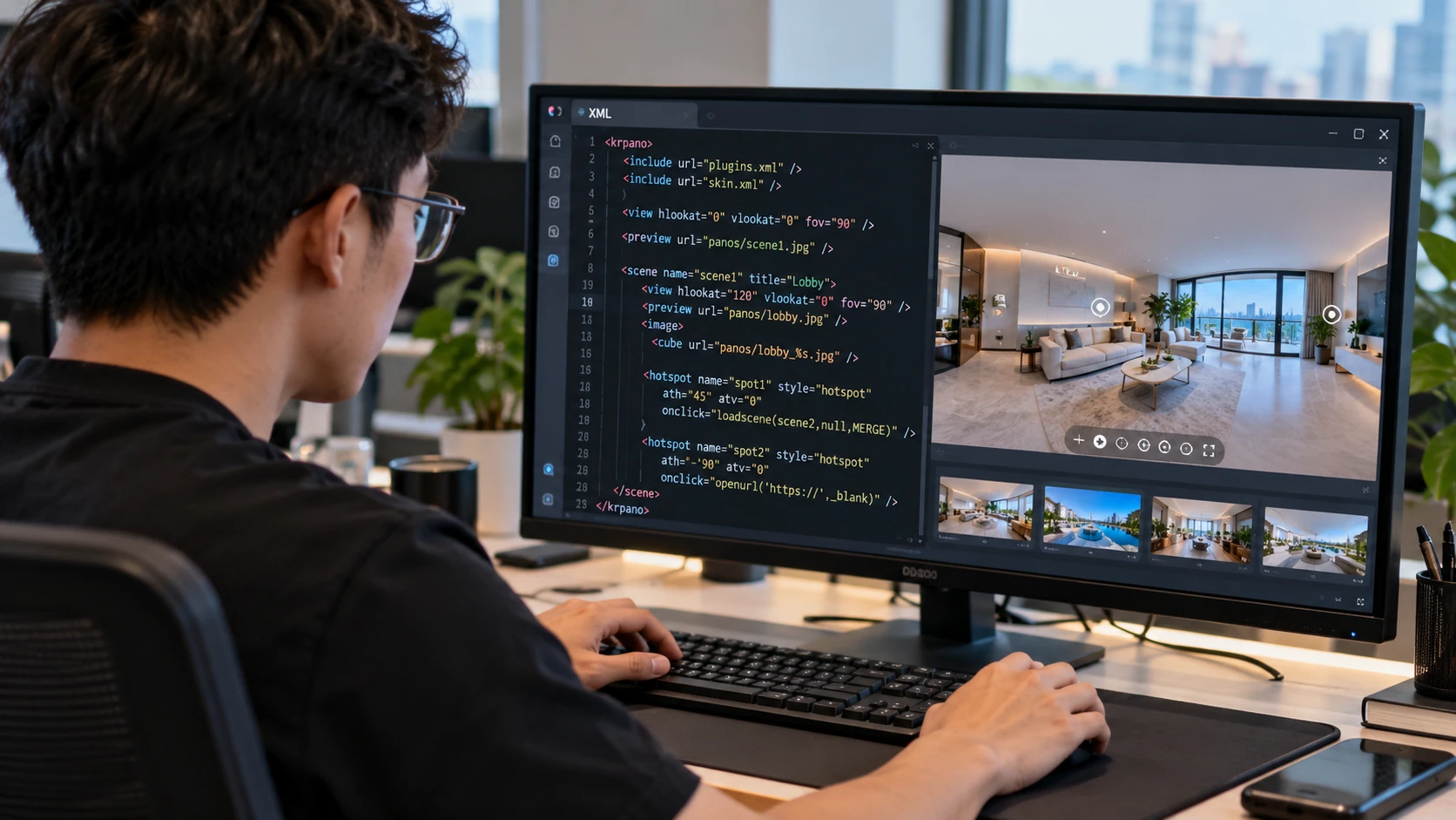 File cấu hình XML của krpano mở trong trình soạn code, bên cạnh khung xem trước tour 360
