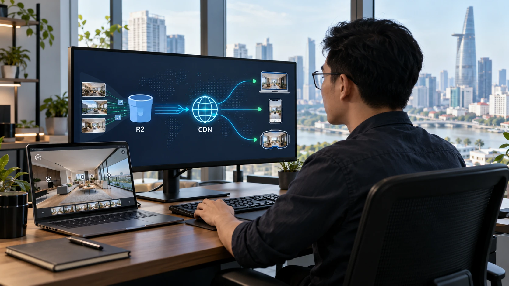 Sơ đồ trên màn hình: ảnh tour lưu trong bucket R2, qua CDN rồi tới laptop, điện thoại và kính VR