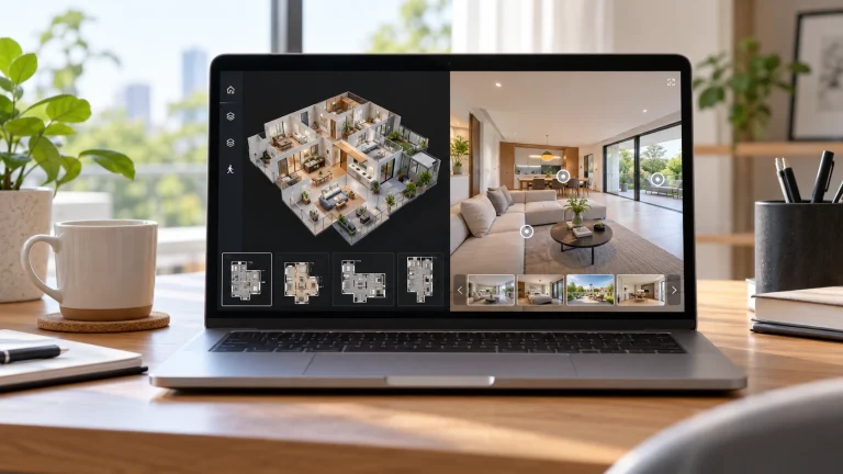 So sánh Matterport, 3D tour CGI, ảnh 360 trên Google Maps và VR tour tự host: mô hình dollhouse cạnh khung panorama
