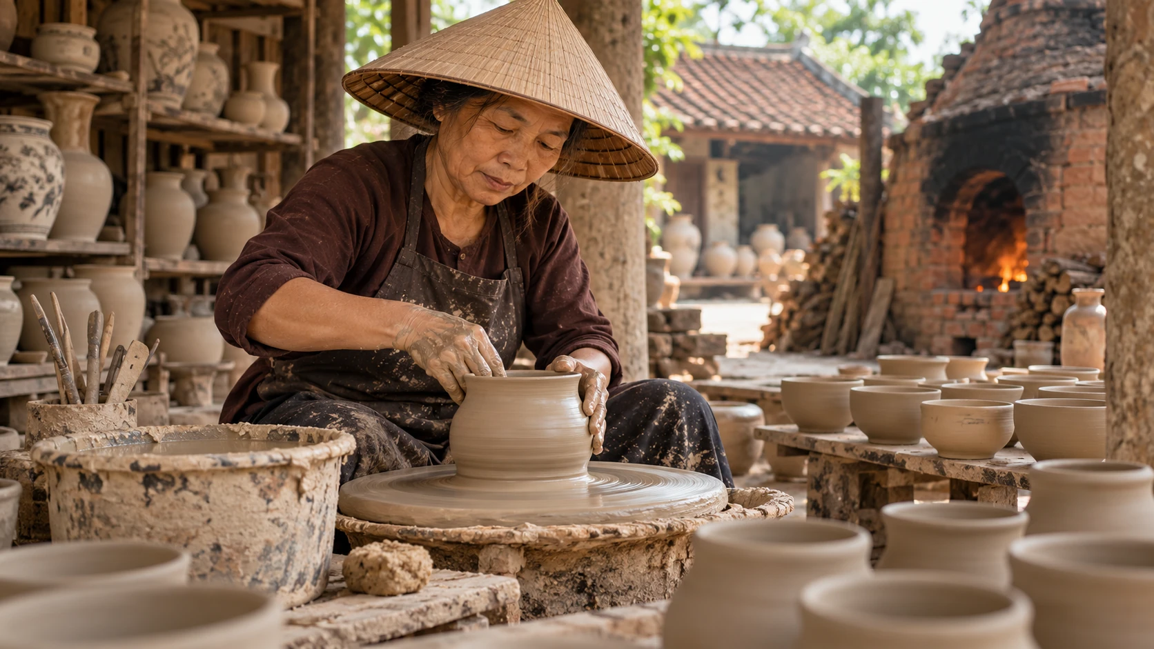 Đôi tay nghệ nhân vuốt chiếc bình gốm trên bàn xoay trong xưởng thủ công, lò nung củi phía sau