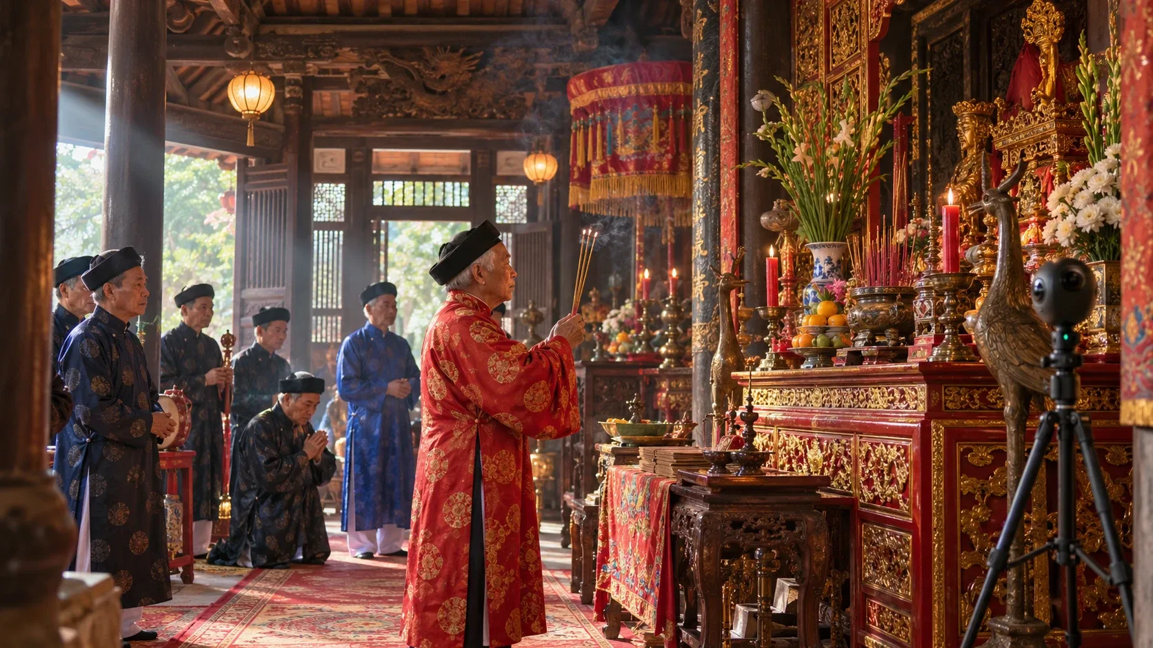 Cụ chủ tế dâng hương trước hương án đình làng, các cụ cao niên đứng hầu, camera 360 đặt cạnh ban thờ