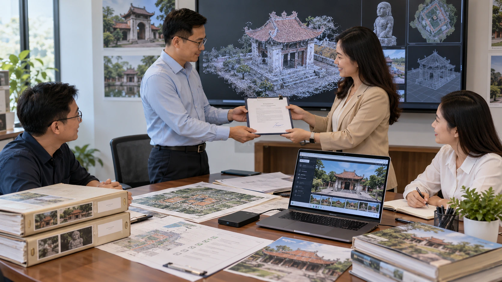 Buổi nghiệm thu hồ sơ số hoá di tích với báo cáo in, bản đồ khuôn viên, ổ lưu trữ và laptop mở tour 360