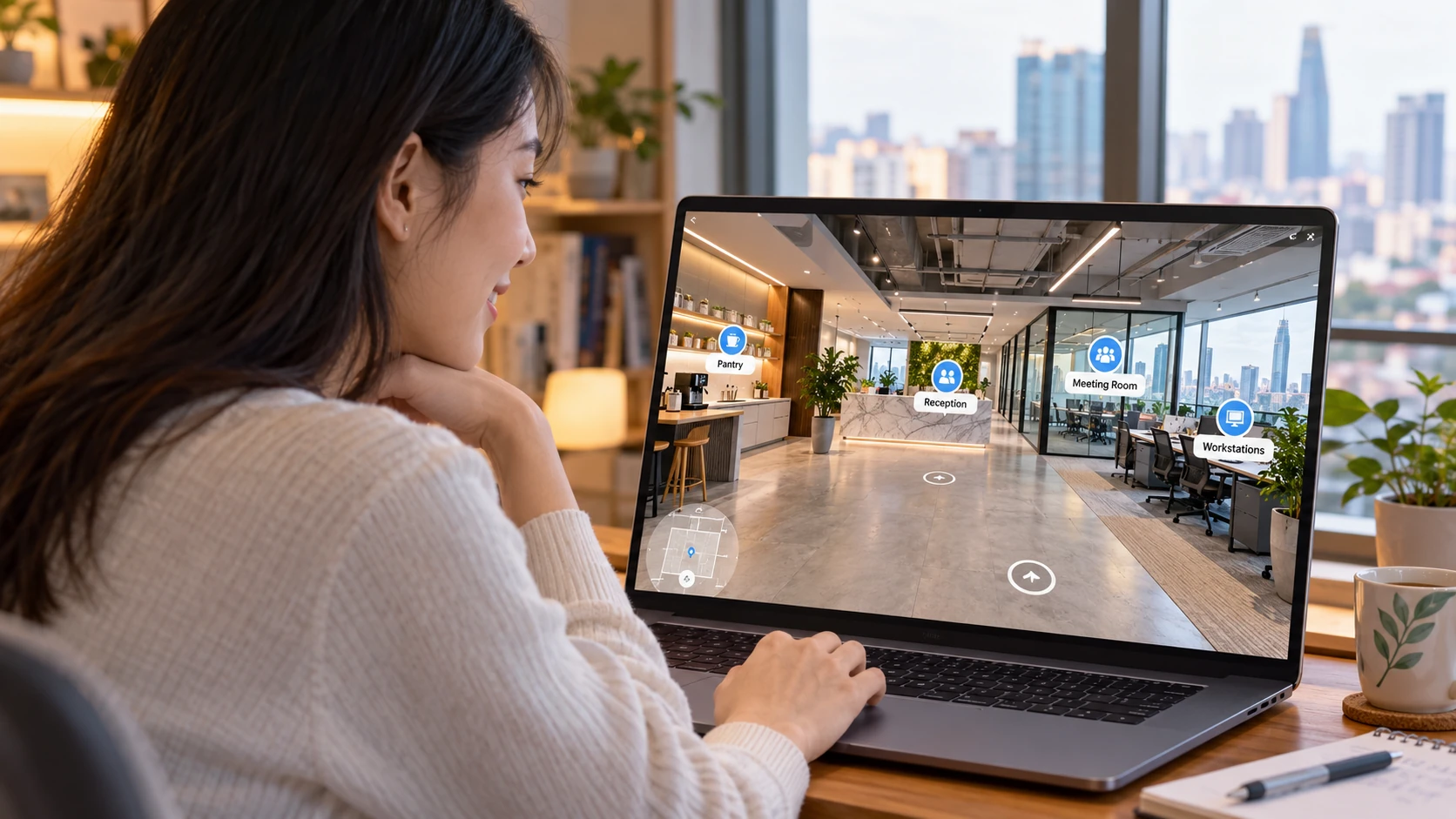 Nhân viên mới xem tour 360 văn phòng trên laptop với nhãn pantry, lễ tân, phòng họp và sơ đồ mini, ảnh minh hoạ