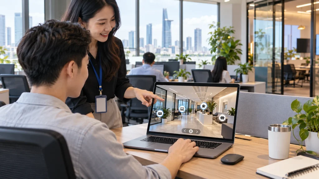 Chuyên viên nhân sự hướng dẫn nhân viên mới xem VR tour văn phòng có hotspot trên laptop, ảnh minh hoạ