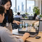 Chuyên viên nhân sự hướng dẫn nhân viên mới xem VR tour văn phòng có hotspot trên laptop, ảnh minh hoạ