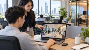 Chuyên viên nhân sự hướng dẫn nhân viên mới xem VR tour văn phòng có hotspot trên laptop, ảnh minh hoạ
