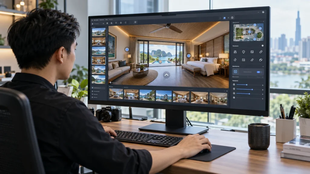 Giao diện phần mềm Pano2VR khi dựng virtual tour 360 với danh sách cảnh, khung xem trước và bản đồ tour