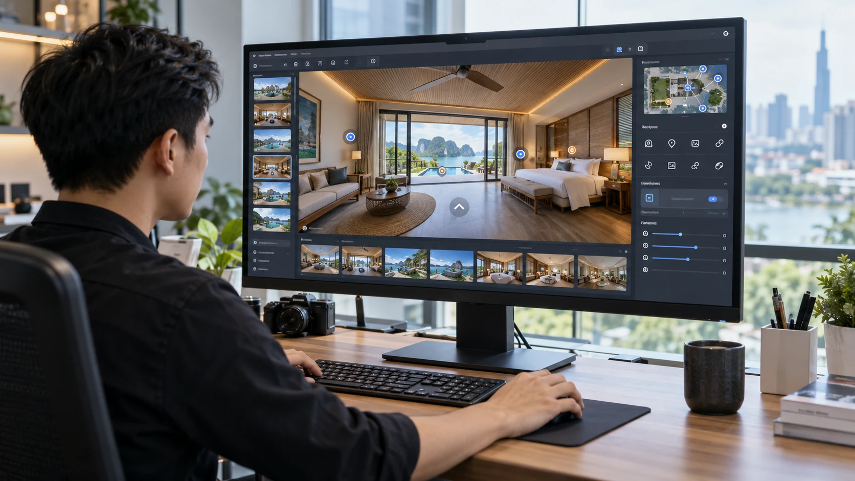 Giao diện phần mềm Pano2VR khi dựng virtual tour 360 với danh sách cảnh, khung xem trước và bản đồ tour
