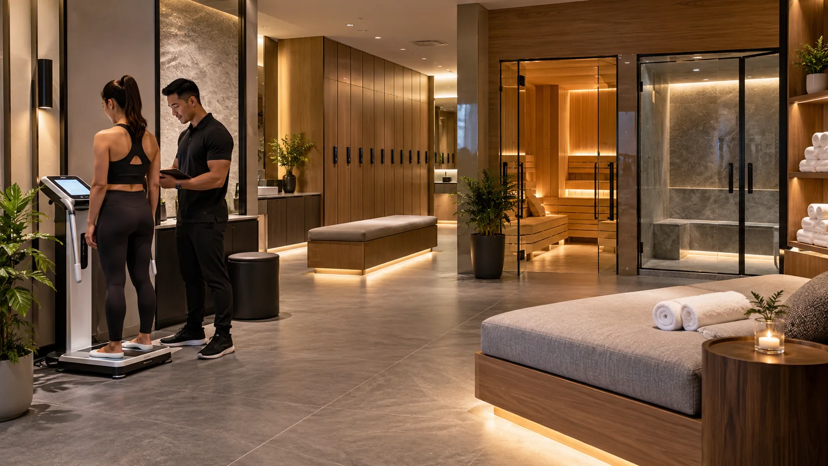 Khu phục hồi phòng gym với phòng xông hơi gỗ, phòng tắm hơi kính và dãy tủ locker