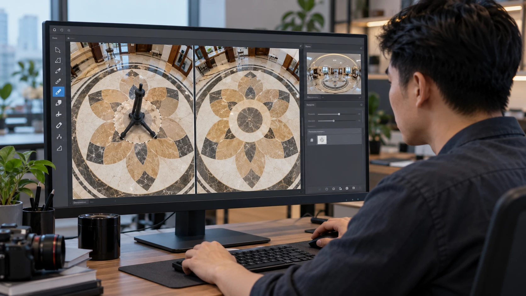 Vùng đáy ảnh 360 trích thành ảnh phẳng trong Photoshop, trước và sau khi clone xoá chân máy trên sàn hoa văn