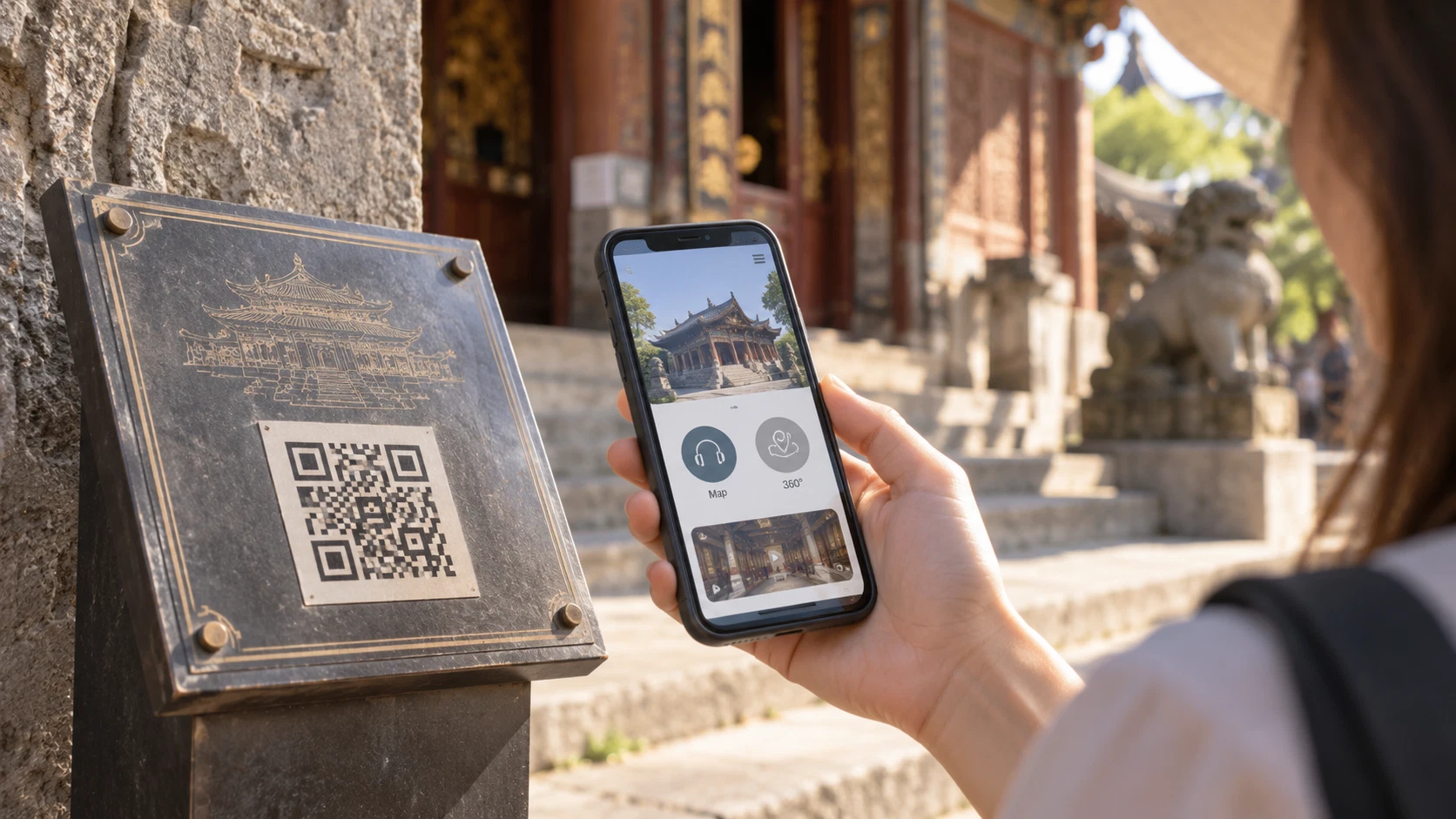 Du khách quét mã QR tại cột bia di tích bằng điện thoại di động thông minh