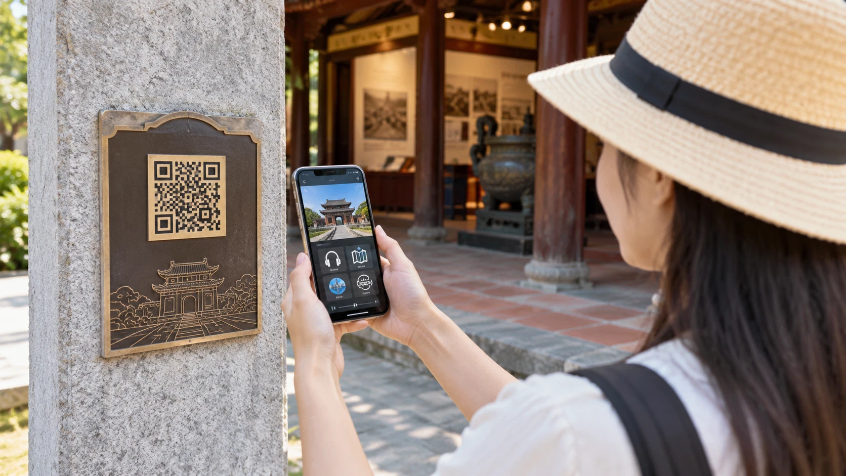 Đoàn viên thanh niên quét mã QR tại bia tưởng niệm di tích cách mạng trên điện thoại