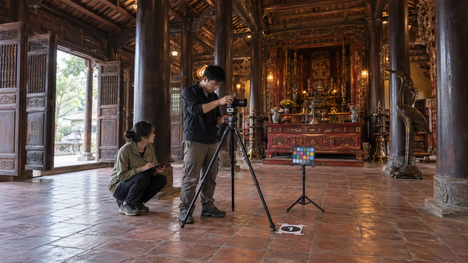 Đội chụp đặt chân máy panorama giữa gian đình, cạnh bảng màu chuẩn và mốc đánh số điểm chụp trên nền gạch