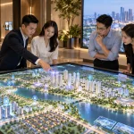 Nhóm khách xem sa bàn ảo khu đô thị ven sông trên bàn cảm ứng lớn có các điểm thông tin nổi