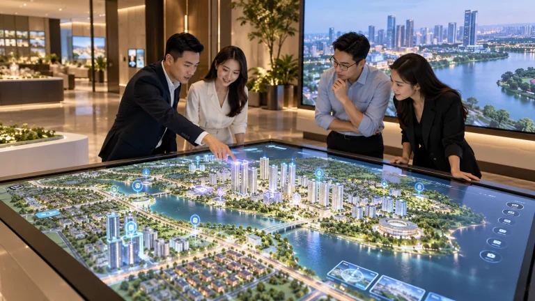 Nhóm khách xem sa bàn ảo khu đô thị ven sông trên bàn cảm ứng lớn có các điểm thông tin nổi