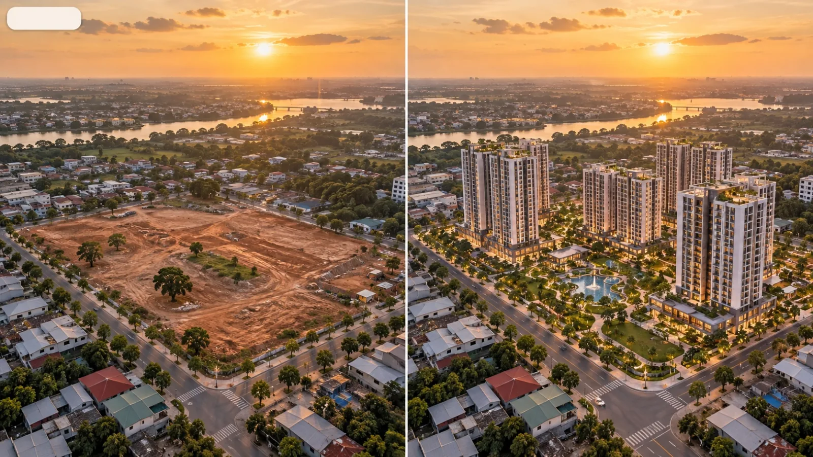 Hai nửa ảnh flycam cùng một khu đất lúc hoàng hôn: bên trái là đất trống hiện trạng, bên phải đã ghép phối cảnh các toà nhà dự kiến