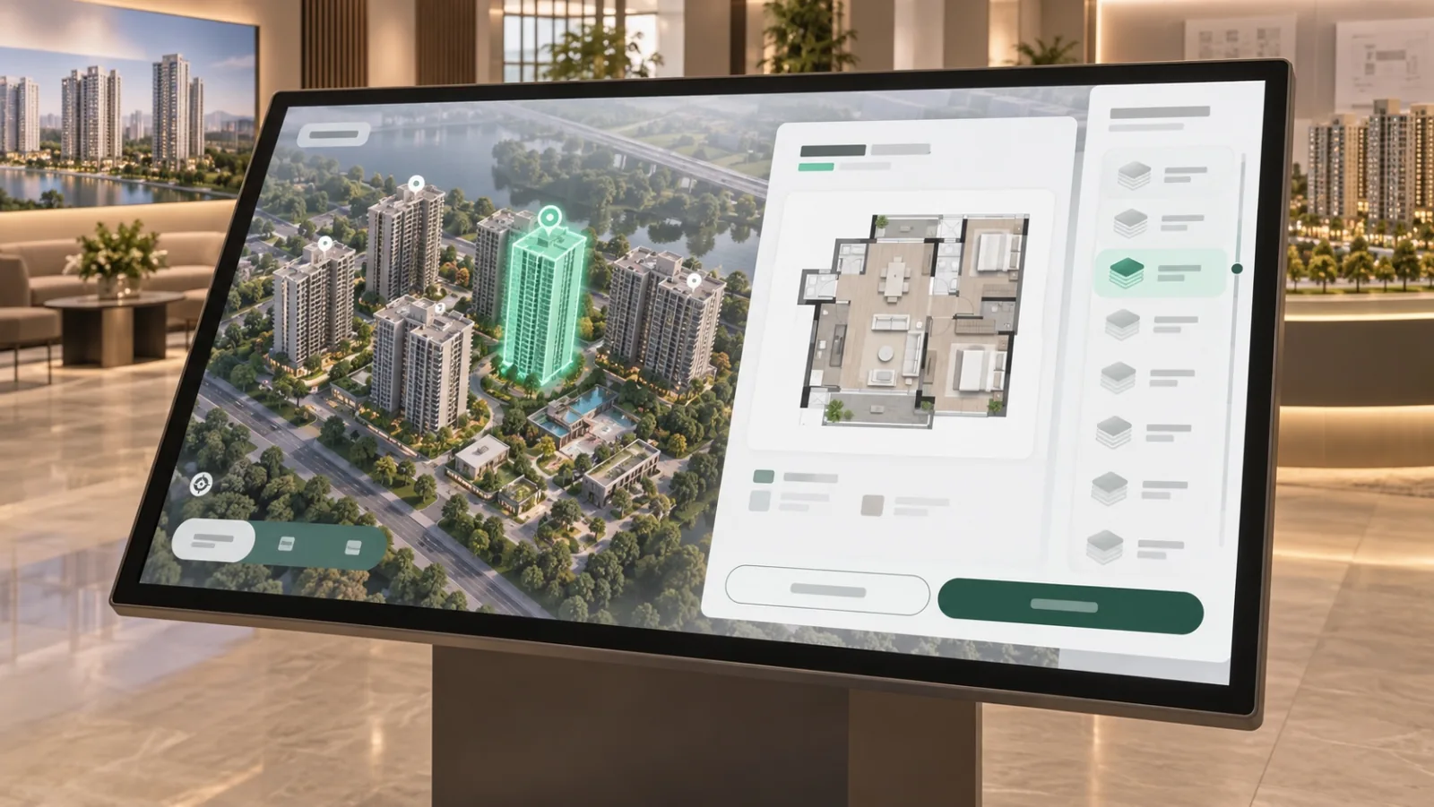 Màn hình cảm ứng đặt tại sales gallery hiển thị sa bàn ảo với một block được tô sáng, danh sách tầng và mặt bằng căn trong cửa sổ nổi