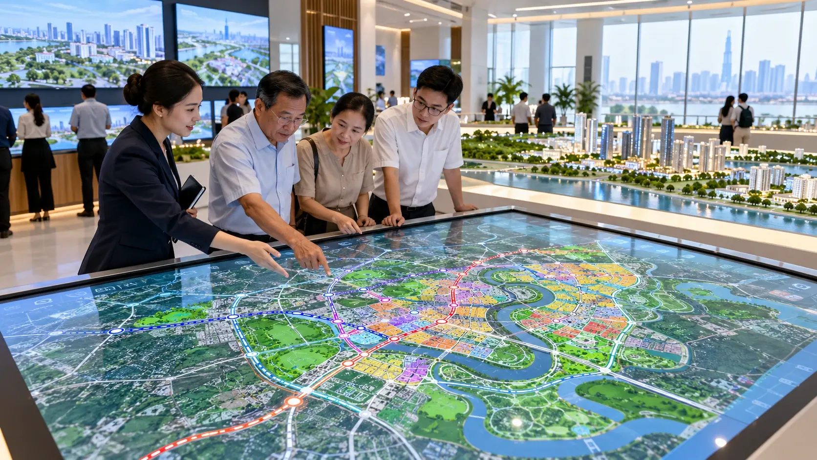 Người xem chỉ tay trên sa bàn quy hoạch đô thị số với các phân khu tô màu và tuyến giao thông