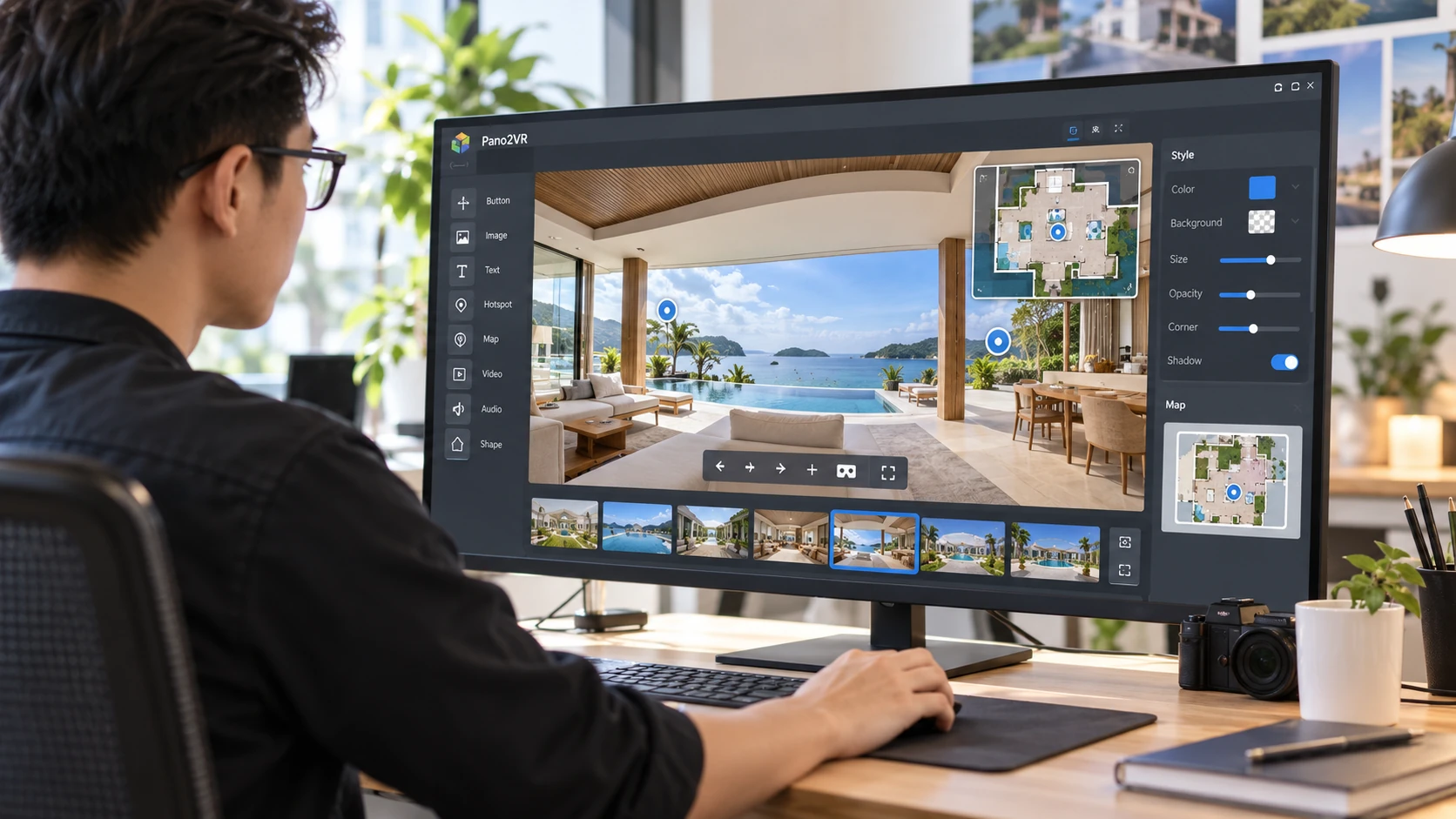 Đặt hotspot và nút điều hướng cho một cảnh trong Pano2VR, kèm bảng thuộc tính và sơ đồ mặt bằng